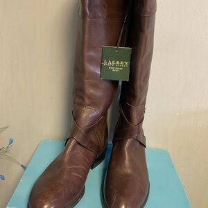 Lauren 9B Maryann Brown Leather Zip Buckle Details Boots Pre Owned